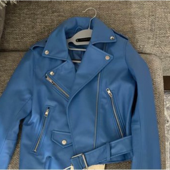 BNWT  Zara Faux Leather Blue Moto Jacket - Size Small - Picture 2 of 9